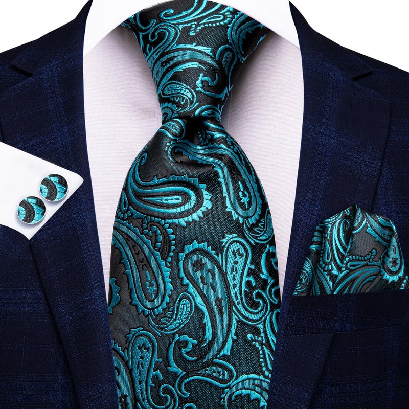 Hi-Tie Silk Paisley Ties for Men Necktie Pocket Square Cufflinks Set Foral Tie Sets Formal Business,Teal - Image 3